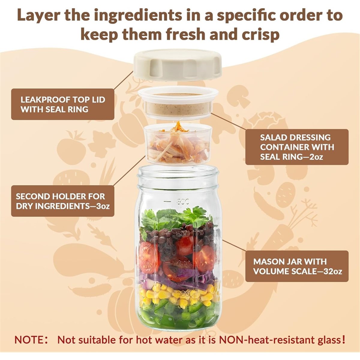 Meal Prep Glass - A67T YENİ 4'lü Cam Salata Kavanozları,
